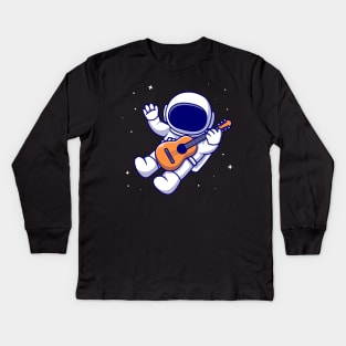 Cute Astronaut Playing Guitar In Space Cartoon Kids Long Sleeve T-Shirt